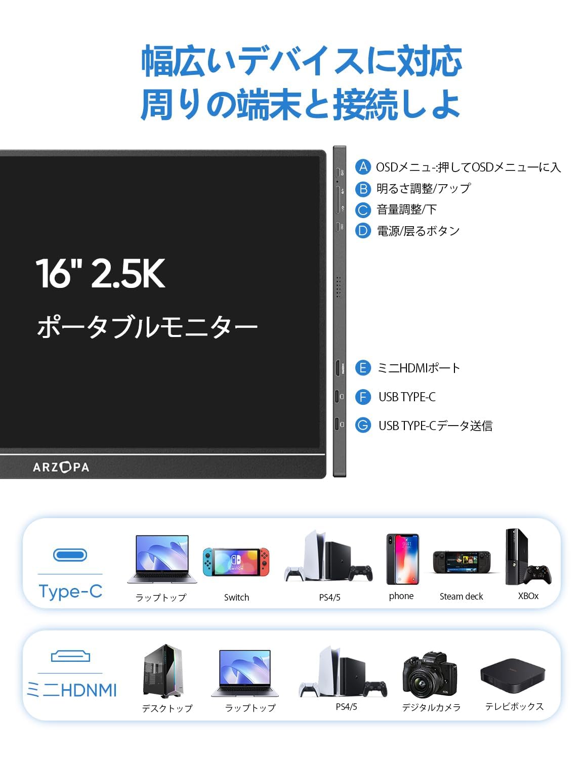 Amazon.co.jp: ARZOPA モバイルモニター 16.1インチ 100％ sRGB
